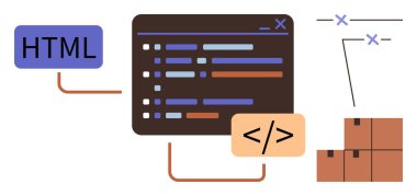 HTML bloğuyla kodlama arayüzü, istiflenmiş kutular ve bağlayıcılar. Programlama, web tasarımı, kodlama süreci, veri yapısı, iş akışı, geliştirme kavramı için ideal basit düz metafor
