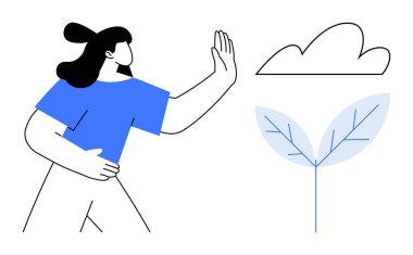 Bir kadın, yapraklarla bir bulut ve bitkinin yanında elini kaldırarak çevresel farkındalığı ifade ediyor. Sürdürülebilirlik, ekoloji, çevre bakımı, büyüme, denge ve iklim minimalizmi için ideal. Basit düz