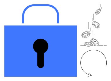 Güvenliği vurgulayan anahtar deliğiyle kilitleyin, yatırım, güven ve akış için dairesel oku temsil eden bozuk paralar düşecektir. Finans, şifreleme, tasarruf, güven, güvenlik politikası veri gizliliği için idealdir