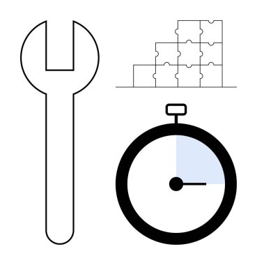 Problem çözme konsepti. Bir ingiliz anahtarı, bulmaca blokları, kronometre aletleri, zaman yönetimi ve sorunları çözmek için etkili yaklaşımlar. Takım çalışması, proje yönetimi, verimlilik süresi için harika