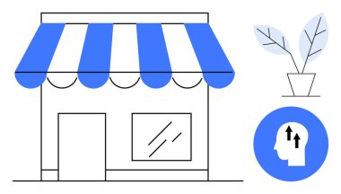 Küçük işletme büyümesi. Çizgili mavi tenteli bir vitrin, saksıda büyüyen bir bitki ve yukarı doğru inovasyon yapan bir insan kafası. Girişimcilik, e-ticaret, perakende, yenilik, markalaşma