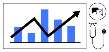 Yukarı doğru ok olan mavi çizelge ilerlemeyi gösteriyor. İşaretli konuşma balonu iletişimi simgeler. Steteskop, sağlık hizmetlerine odaklanmamızı öneriyor. Sağlık, analitik, büyüme ve ilerleme için ideal