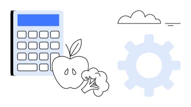 Beslenme konsepti. Sağlıklı yemek planlaması için elma, brokoli ve hesap makinesi ile besleniyor. Beslenme, diyet ve yaşam tarzlarını planlamak için teknik araçlarla desteklenmektedir. Sağlık ve sağlık için mükemmel.