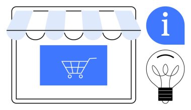 Çizgili güneşlik ve alışveriş arabası, ampul simgesi ve bilgi baloncuğu olan dijital mağaza önü. E-ticaret, yenilik, çevrimiçi alışveriş, dijital pazarlama, yaratıcılık için ideal