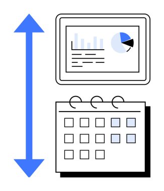 Tablet, çizelgeleri ve grafikleri tarihlerle işaretlenmiş bir masa takviminin yanında gösteriyor. Planlama, üretkenlik, analitik, zaman yönetimi, organizasyon, raporlama, programlama için ideal. Basit düz