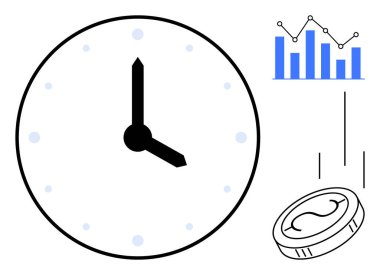 Analog saat, çizgi grafikli bar tablosu ve zaman yönetimi, yatırım, veri analizi, üretkenlik, karar verme mekanizması, finansal büyüme ve verimliliği sembolize eden düşen bozuk para tablosu. Basit bir daire.