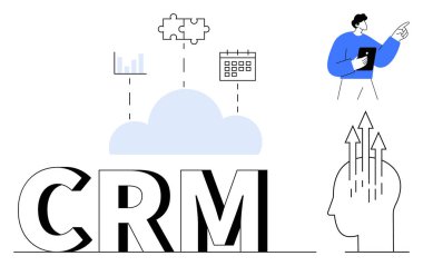 CRM konsepti. Bulut tabanlı CRM veri analizlerini, planlamayı ve karar vermeyi birbirine bağlıyor. CRM sistemleri müşteri yönetimi, iş stratejisi ve verimliliği artırır. Teknoloji için, iş çözümleri
