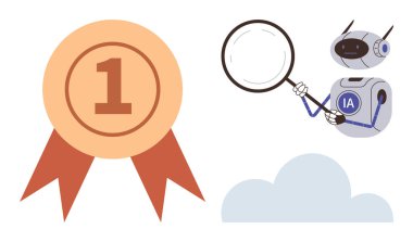 Ödül kurdelesi. Yapay zeka robotu bulutun üstünde büyüteç tutuyor. Tanınma, yenilik, teknoloji, yapay zeka analizi, başarı, bulut hesaplama, basit düz metafor