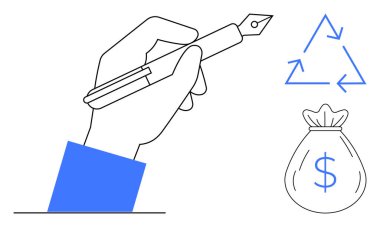 Elde mürekkep kalemi, geri dönüşüm logosu ve para çantası çizimi, ekolojik bilinci ve finansal planlamayı sembolize ediyor. Yatırım, sürdürülebilirlik, ekonomi, tasarruflar, dairesel ekonomi ve yaratıcılık için ideal