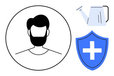 Kullanıcı profili avatarı, beslenme için sulama kutusu ve sağlık, bakım, büyüme ve korumayı simgeleyen çapraz tıbbi kalkan. Sağlık hizmetleri, kişisel bakım, güvenlik büyüme sağlığı uygulamaları için ideal