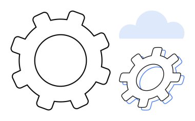 Arka planda bir bulut ile ana hatları belirlenmiş işbirliği, teknoloji verimliliği, yenilik. Endüstri için ideal, takım çalışması, üretkenlik, strateji, mekanik otomasyon. Basit düz