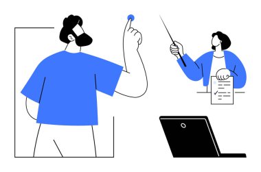 Beyin fırtınası ve sunum yapan iki meslektaş bir dizüstü bilgisayar ve çizelge ile fikir alışverişinde bulundular. Takım çalışması, işbirliği, iş stratejisi, eğitim, yenilik, üretkenlik, basit