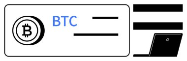 İçinde BTC logosu, işlem çubukları ve dizüstü bilgisayar sembolü olan Bitcoin cüzdan arayüzü. Kripto para birimi, engelleme zinciri, çevrimiçi ödeme, finans, güvenlik fintech dijital ekonomi için ideal. Basit düz