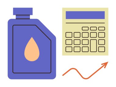 Yağ kabı, hesap makinesi ve artan ok vurgu maliyet hesaplaması, bütçe planlaması ve piyasa eğilimleri. Finans, ticaret, enerji analizi büyüme yatırımları ve veriler için idealdir. Basit düz