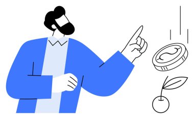 Mavi kazaklı sakallı adam doğa unsurları olan bir madeni parayı gösteriyor büyüme, sürdürülebilirlik ve ekonomik denge. Yatırım, tasarruf, finans, büyüme, başarı, çevre farkındalığı için ideal