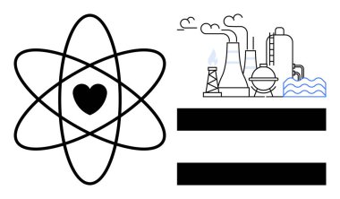 Kalbinde temiz enerji ve eşitlik olan atom, endüstriyel santrallerin yanında duman ve kirlilik yayıyor. Sürdürülebilirlik, enerji, çevre, bilim, eşitlik, yenilik, basit düz