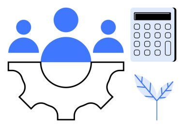 Takım çalışmasını temsil eden vites simgeleri, verimliliği simgeleyen hesap makinesi ve sürdürülebilirliği simgeleyen yaprak. İşbirliği, yenilik, verimlilik, eko-dostluk, yönetim için ideal