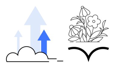 Bulutlardan yükselen oklar gelişimi temsil ederken çiçek açan oklar yaratıcılığı ve büyümeyi temsil ediyor. Başarı, yenilik, eğitim, sürdürülebilirlik, ilham, motivasyon için ideal, basit daire