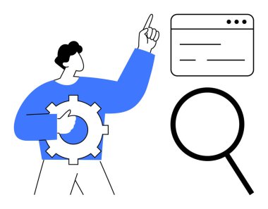 Erkek figürü vites tutuyor, tarayıcı arayüzündeki noktalar, büyüteçin yanında. Arama, optimizasyon, teknoloji, geliştirme, kullanıcı deneyimi araştırması ve yenilik için ideal. Basit düz metafor