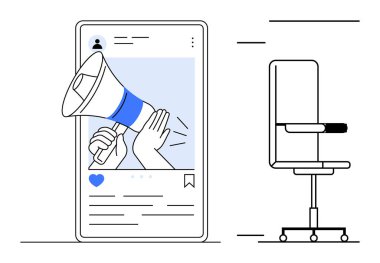 Sosyal medyada megafonu tutan eller dijital iletişimi ön plana çıkarırken ofis başkanı çalışma alanı bağlamını öneriyor. Pazarlama, ofis kültürü, duyurular, dijital sosyal yardım için ideal
