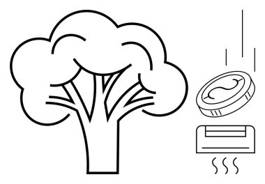 Ekolojiyi sembolize eden ağaç, ekonomiyi temsil eden madeni para, enerji tüketimini gösteren klima. Sürdürülebilirlik, yeşil ekonomi, denge, çevre dostu yaşam, enerji verimliliği, yenilenebilir enerji