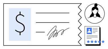 Dolar sembollü imzalı çek, profil avatarı ve reytingli belgeye devam. Maaş, askere alma, İK sistemleri, çalışan ödemeleri, işgücü değerlendirmesi, finansal işlemler yeteneği için ideal