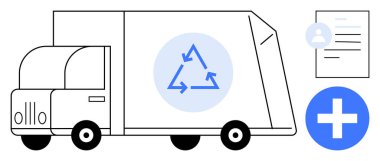 Geri dönüşüm ok simgesi, belge ve kullanıcı profili olan kamyonet, tıbbi artı. Sürdürülebilirlik, atık yönetimi, ekolojik çözümler, lojistik, sağlık hizmetleri geri dönüşüm ekibi için ideal. Basit düz metafor