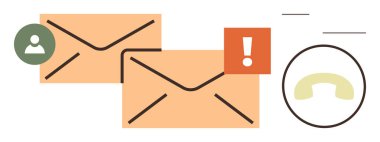 Kullanıcı ve uyarı sembollü zarflar, telefon alıcı simgesi. İletişim, bilgilendirme, mesajlaşma, acil durum, e-posta pazarlama, müşteri desteği görev yönetimi için ideal. Basit düz metafor