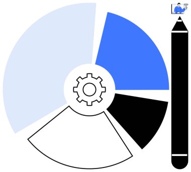Merkezinde vites bulunan dairesel diyagram, mavi, beyaz ve siyah bölümlere ayrılmış, yanında büyük bir kalem simgesi var. İşlem görselleştirme, iş akışı tasarımı, veri analizi için ideal