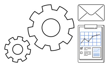İşlem için vites, analiz çizelgesi ve iletişim için zarf. Üretkenlik, iş akışı, takım çalışması, strateji, iş geliştirme projesi planlama için idealdir. Basit düz metafor