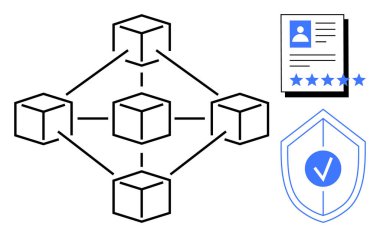 Birbirine bağlı engelleme ağı küpleri, reytingli kullanıcı kimliği, güvenlik işaretli kalkan. Engelleme teknolojisi, siber güvenlik, veri doğrulama, dijital kimlik, güvenlik için ideal