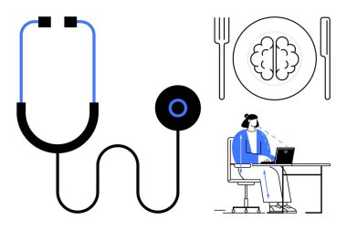 Zihinsel sağlık konsepti. Steteskoplu akıl sağlığı, tabakta beyin ve masada çalışan biri. Zihinsel sağlık, farkındalık, zindelik ve iş dengesine bağlı. Sağlık ve psikoloji için