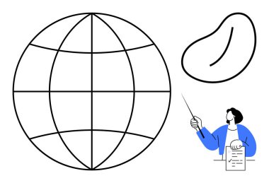 Bir işaret ve belge sunan kişi, soyut küre şekli, ızgara küresi. Eğitim, veri sunumu, takım çalışması, strateji, iletişim, iş planlaması için ideal basit düz metafor