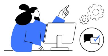 Masaüstü monitöründe çalışan bir kadın yukarı doğru işaret ederken, dişliler ve sohbet baloncukları yakınlarda işaretli. Takım çalışması, iş akışı, planlama, strateji, iletişim, üretkenlik, basit düz