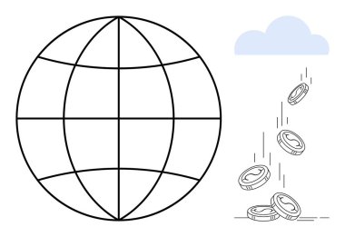 Buluttan düşen paraların yanında dünya küresi ızgarası küresel ticareti, fintech 'i ve dijital para birimini sembolize ediyor. Küreselleşme, yatırım, fintech, teknoloji, ekonomi finansmanı için ideal