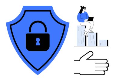 Asma kilide sahip mavi kalkan veri güvenliğini vurguluyor, büyüme çubuklarına konmuş dizüstü bilgisayar kullanıcısı ilerlemeyi ve analizi simgeliyor, el hareketi kullanıcı desteğini gösteriyor. Siber güvenlik ve veri gizliliği için ideal