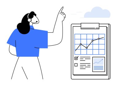 Grafik, veri noktaları, kontrol listesi ve rapor göstergeleri olan bir panoya doğru hareketler. Analiz, planlama, strateji, iş büyümesi, sunum verimliliği için ideal basit düz