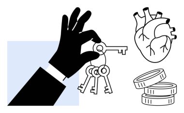 Siyah eldivenli eller, karar verme mekanizmasını, değerleri, sağlık, finans ve fırsatları temsil eden kalp ve sikkelerin yanında anahtarlarını tutuyor. Başarı, öncelikler ve büyümeyi dengelemek için ideal