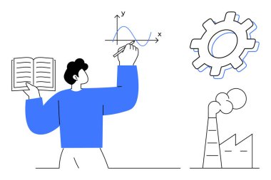 Elinde kitapla grafik denklemleri çözen adam, makineleri sembolize eden dişli, ve duman yayan fabrika. Yenilik, araştırma, endüstri, üretkenlik, veri analizi, sürdürülebilirlik için ideal