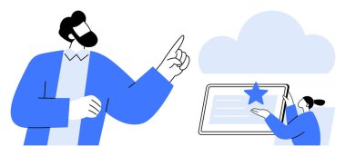 Biri buluta doğru hareket ederken diğeri dijital tabletle etkileşime girerken, iki profesyonel takım çalışmasına girişiyor. Bulut hesaplama, takım çalışması, veri paylaşımı, işbirliği ve uzak çalışma için ideal