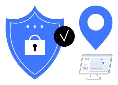 Kilit sembollü kalkan, verileri gösteren bilgisayar ekranı, kontrol işareti ve konum işaretleyici. Siber güvenlik, gizlilik, navigasyon, çevrimiçi güvenlik, VPN kimlik denetimi ve veri izleme için ideal