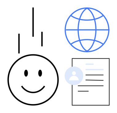 Mutlu yüz, ağ küresi, kullanıcı profili belgesi pozitifliği, bağlantıyı çağrıştırıyor. İletişim, çevrimiçi kimlik, ağ, küresel ulaşım, eğitim işbirliği için ideal basit düz metafor