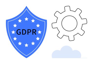 GDPR etiketli mavi kalkan, siyah vites sembolü ve açık gri bulut. Veri güvenliği, düzenleme, uyum, teknoloji, mahremiyet, siber güvenlik bulut deposu için ideal basit bir düz metafor