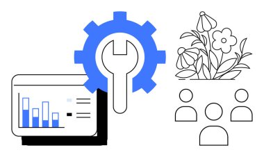 Çubuk grafik analiz ekranı, anahtar, takım simgeleri ve çiçek büyümesi takım çalışmasını, problem çözmeyi, ekolojik odaklanmayı, yeniliği, verimliliği ve sürdürülebilirliği simgeler. Basit.
