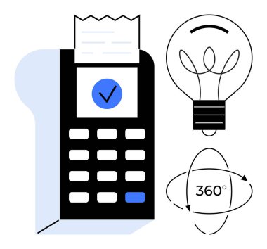 İşlemi onaylayan ödeme cihazı, fikirleri sembolize eden ampul ve kapsamlı çözümleri gösteren 360 derecelik oklar. Fintech, teknolojik yenilik, yaratıcılık, ödeme sistemleri için ideal