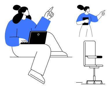 Dizüstü bilgisayarda çalışan bir kadın, elinde bardakla bir ofis sandalyesinin yanında duran bir kadın. Takım çalışması, üretkenlik, uzaktan çalışma, işbirliği, iş iletişimi, basit bir daire planlama için ideal