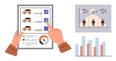 Tableti gösteren eller araba seçeneklerini ve işaretleri gösteriyor. Çizelgeler ve grafikler yüzde verilerini ve dağılımını gösteriyor. Pazar araştırması, veri analizi, karar verme, otomotiv çalışmaları için ideal