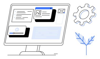 Çoklu ortam pencereleri, e- posta, video ve mesajları içeren masaüstü ekranı. Vites ve yaprak teknolojiyi ve çevre dostluğunu sembolize eder. Yenilik, verimlilik, ekoloji, UI tasarım verimliliği için ideal
