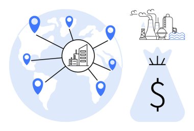 Endüstriyel fabrika dünya haritasındaki iğnelerle küresel olarak birbirine bağlanıyor, tedarik zinciri, üretim ve küresel iş gelişimini sembolize ediyor. Yatırım, küresel ticaret, lojistik ve finans için ideal