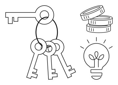 Yüzükteki anahtarlar, bozuk para yığını ve erişimi, yeniliği, finansal planlamayı, problem çözmeyi ve fırsatı sembolize eden parlayan ampul. İş için ideal, strateji finans ilham kaynağı
